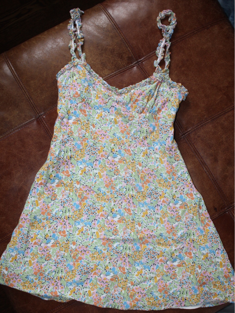 Zara Floral Multicolor Mini Dress with Ruffle Neckline